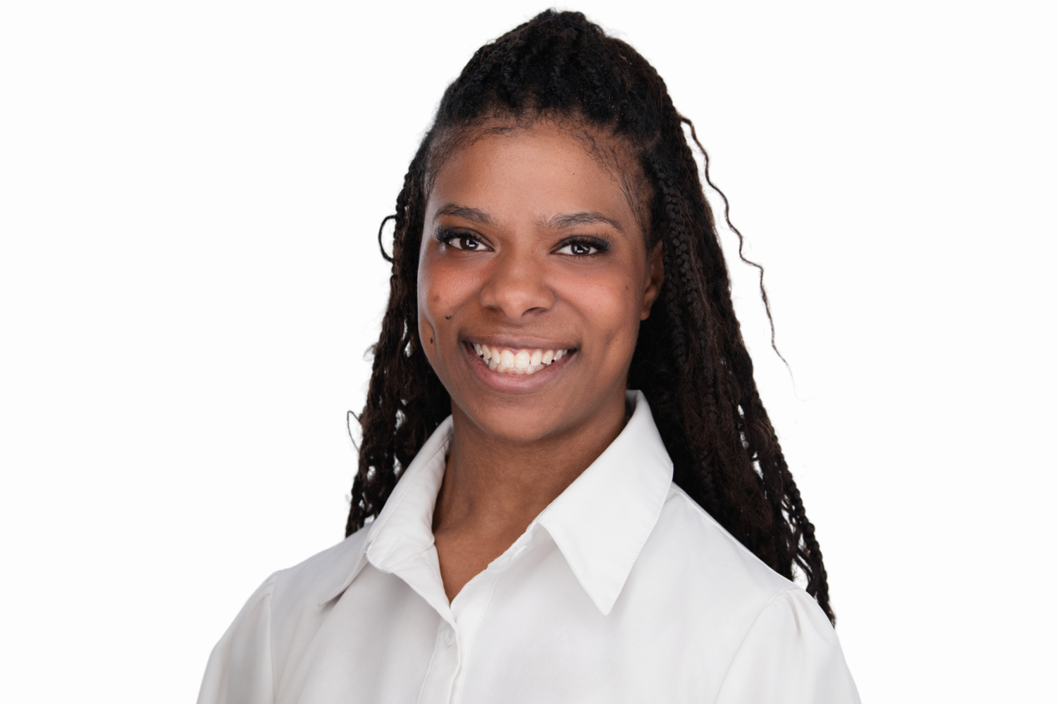 Ariana Fiorello-Omotosho, Founder and CEO of CastReady, smiling in a white blouse