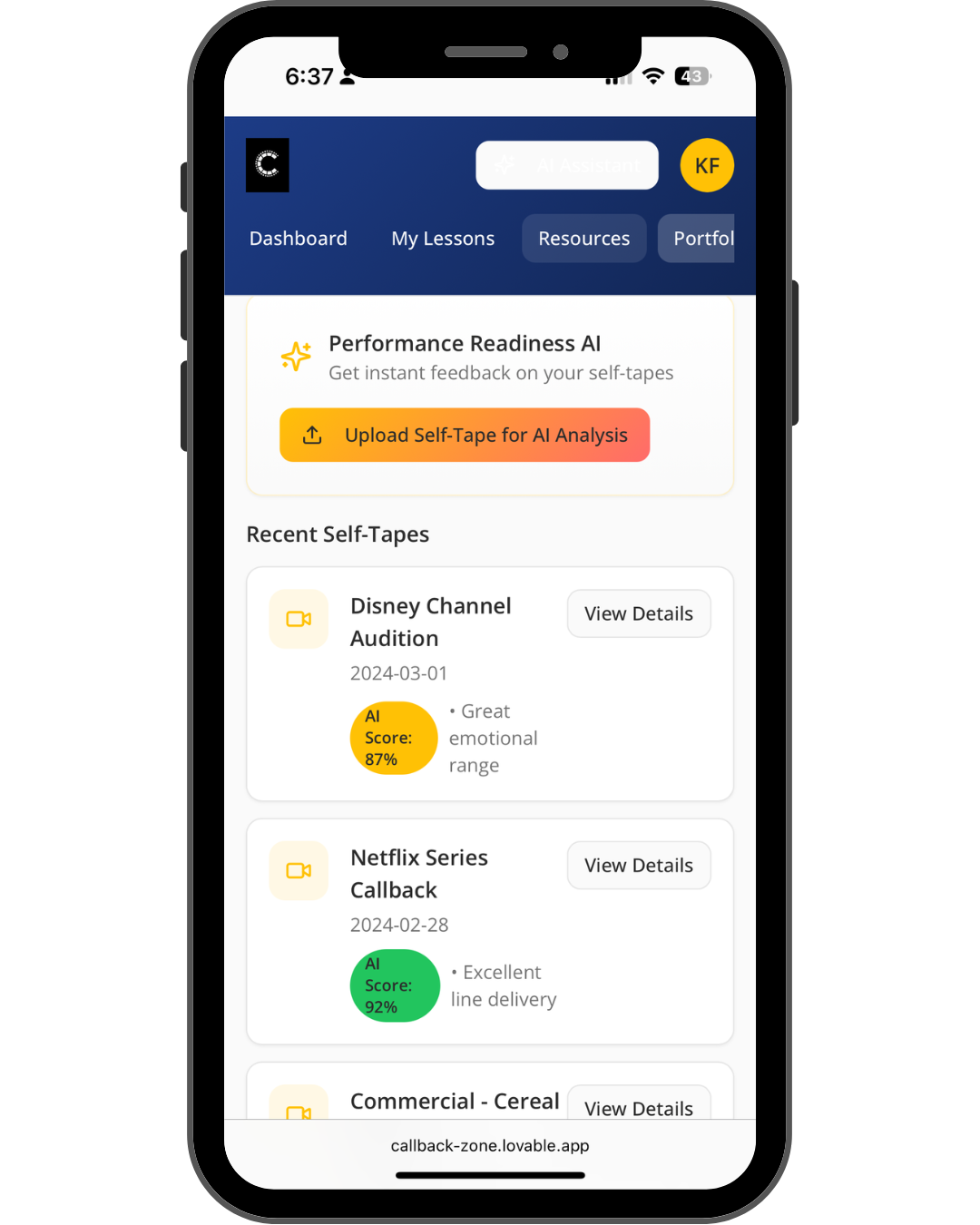 Smartphone screen showing CastReady’s Callback Zone digital platform for tracking acting progress and receiving AI-powered feedback