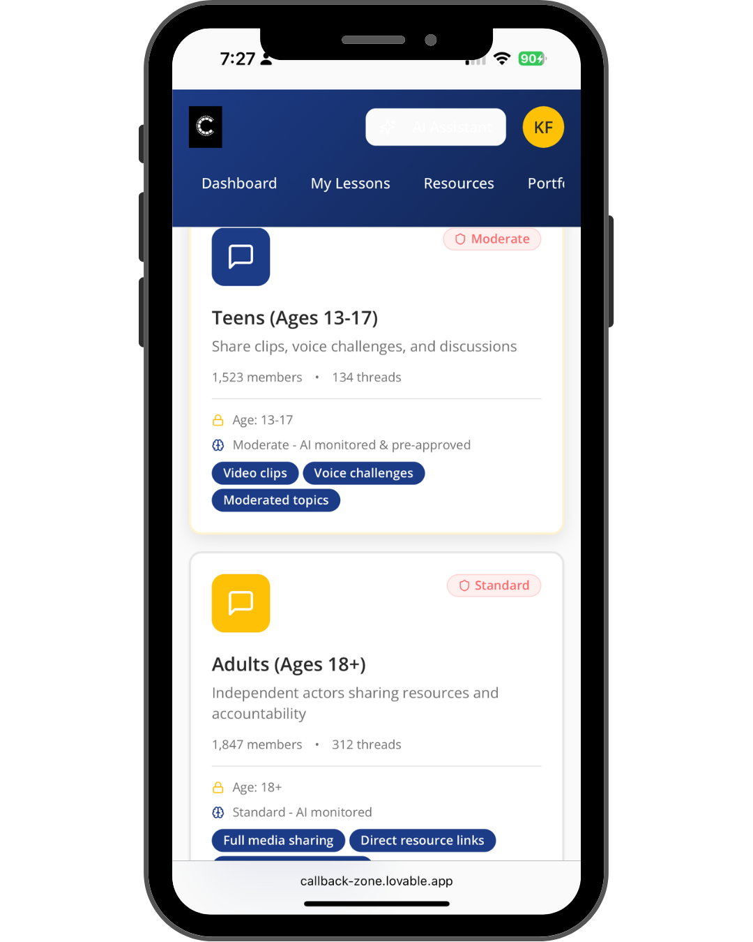 Mobile screen showing CastReady’s online community with moderated groups for teens and adults to share clips and resources