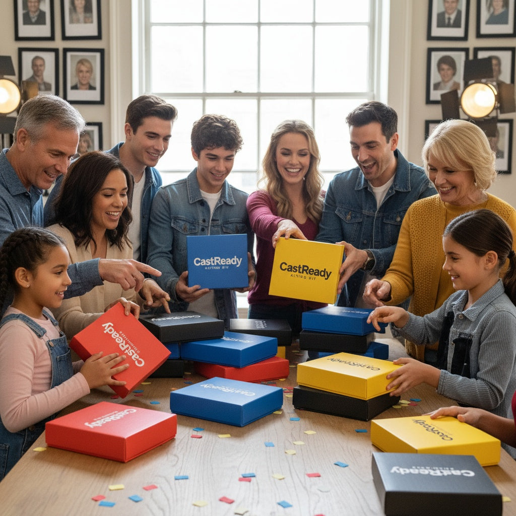 Diverse group of families and kids gathered around a table, smiling and unboxing colorful CastReady acting kits together in a bright, welcoming space