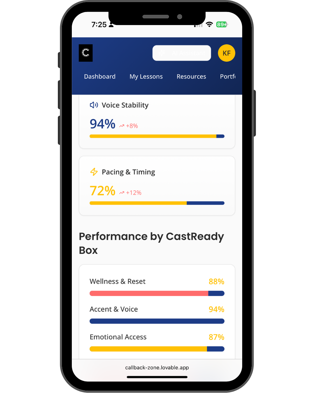 Smartphone screen showing CastReady’s digital platform with performance tracking and progress bars for acting skills