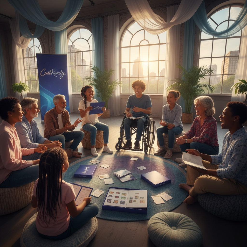 Diverse group of children, teens, and adults—including a participant in a wheelchair—gathering in a bright studio, engaging in CastReady acting activities together and sharing a sense of belonging
