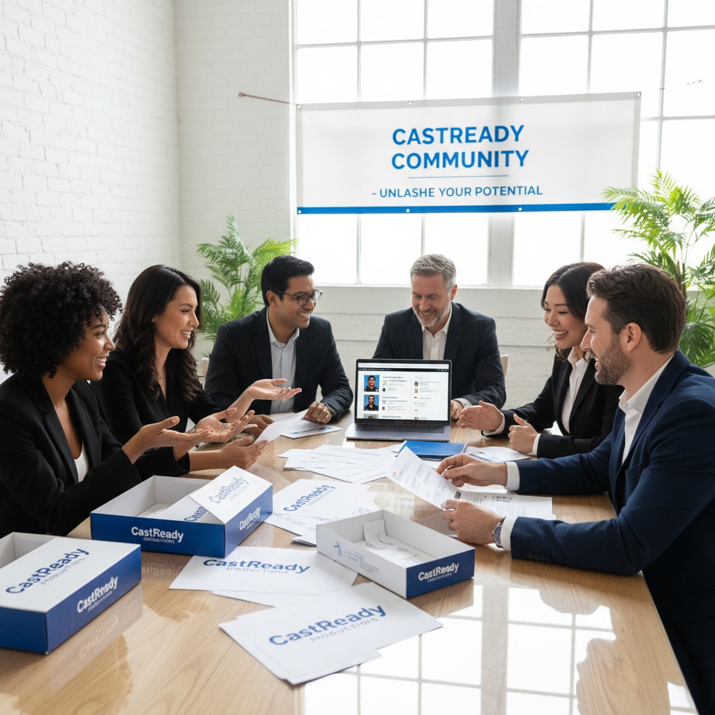 Diverse group of acting coaches, agents, and managers gathered around a table with CastReady acting kits, scripts, and a laptop displaying the CastReady digital platform, collaborating in a bright, welcoming studio setting