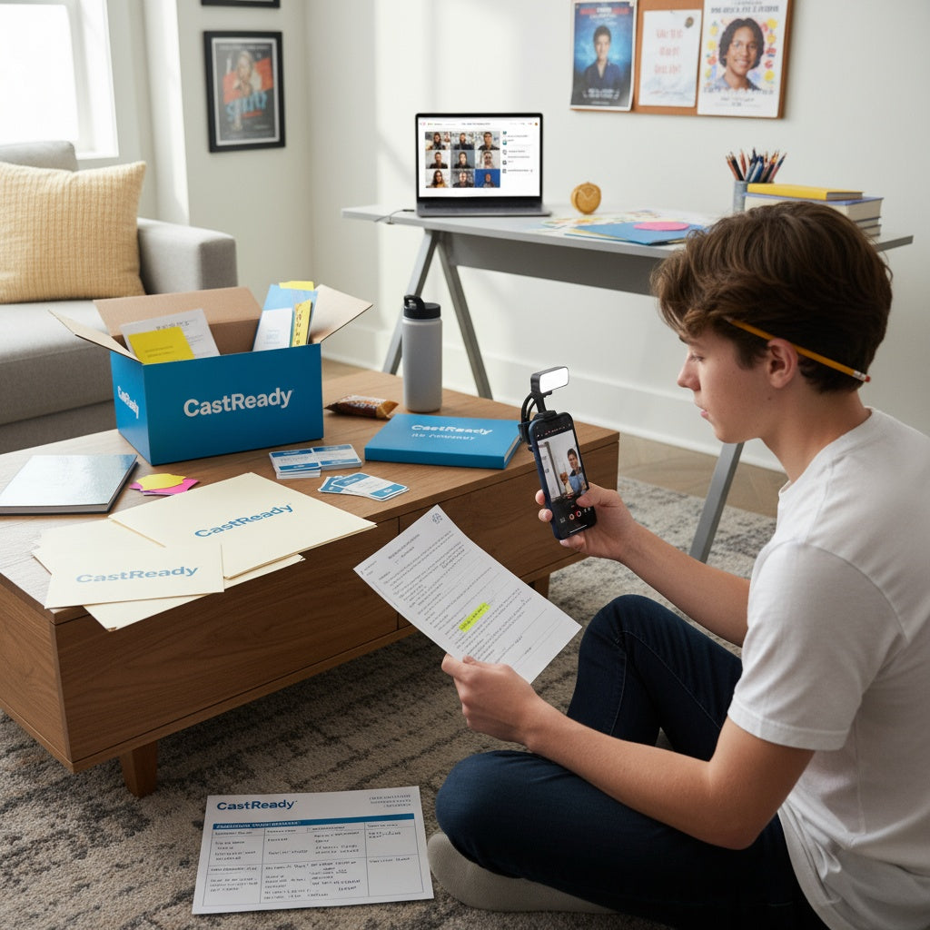 Teen actor sitting on the floor with a CastReady kit, practicing a script and recording a self-tape at home, with acting materials and a laptop in the background